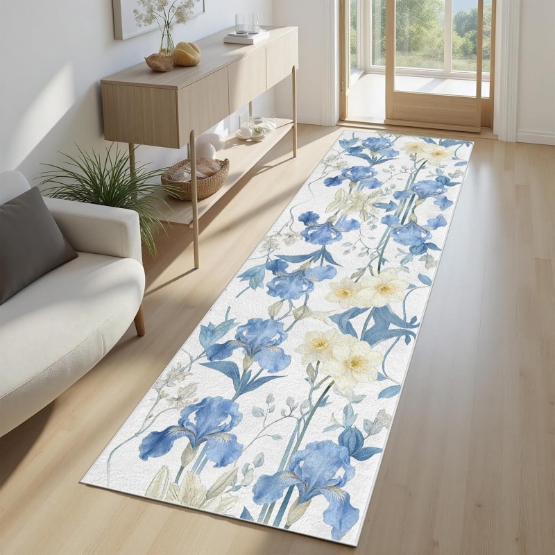 Hall Commercial Printing - Suluboya Mavi Iris Çiçekli Yolluk Halı